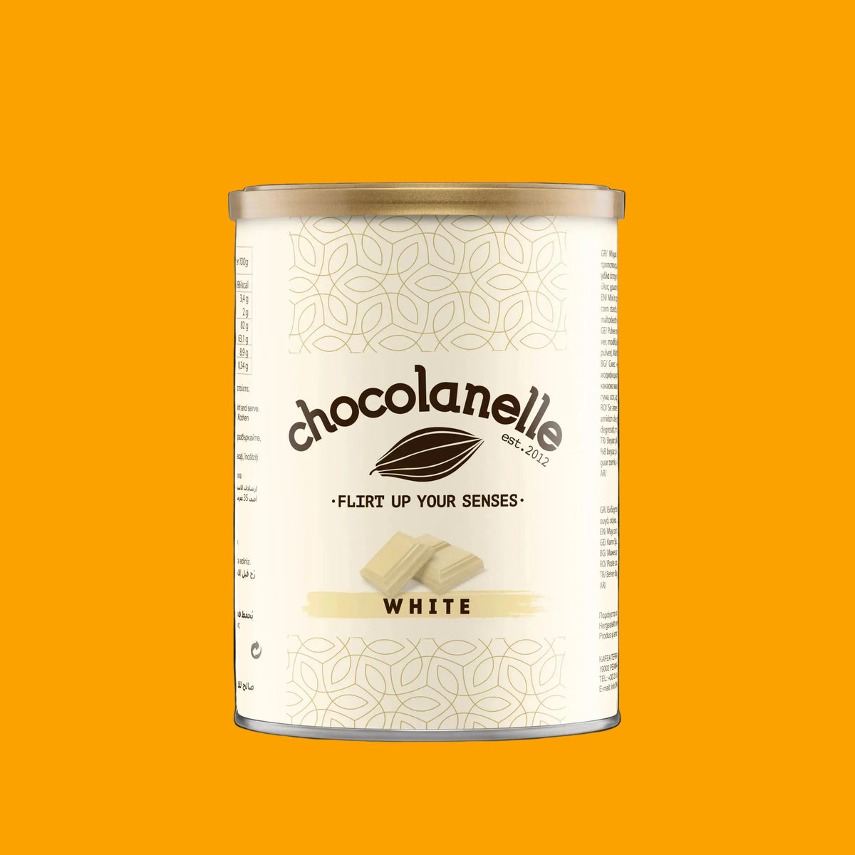 Chocolanelle white chocolate canister on a white background
