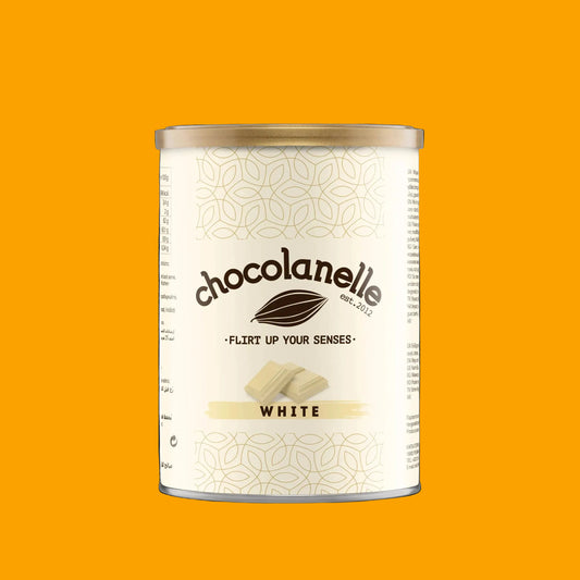 Chocolanelle white chocolate canister on a white background