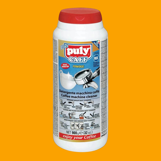Puly Caff coffee machine cleaner powder can on a white background