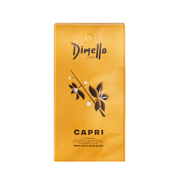 A package of Dimello espresso beans labeled 'CAPRI' with a graphic of coffee beans and flowers on the front.
