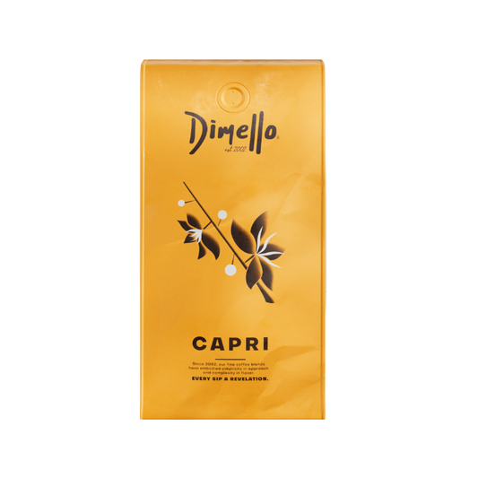 A package of Dimello espresso beans labeled 'CAPRI' with a graphic of coffee beans and flowers on the front.