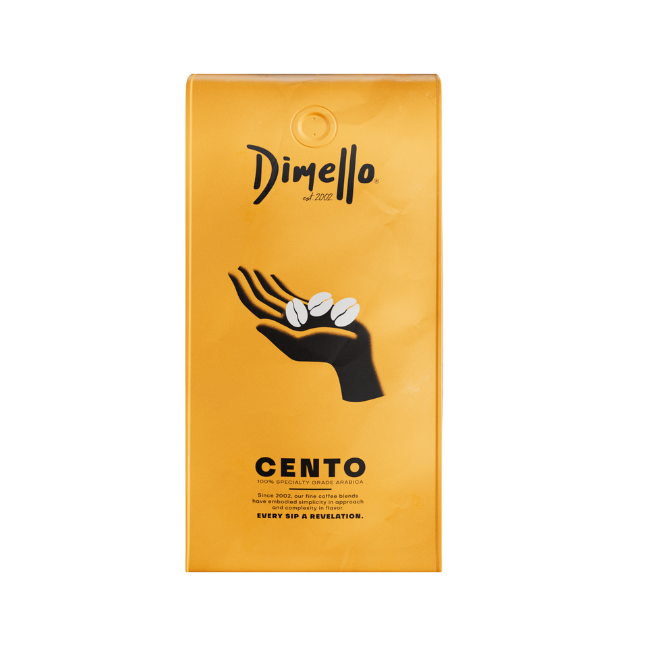 A package of Dimello Cento espresso coffee beans with a graphic of a hand holding coffee beans on a yellow background.