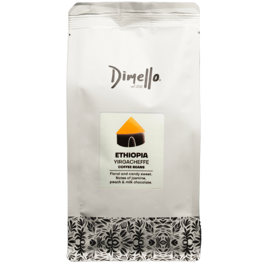 Dimello coffee package with Ethiopia Yirgacheffe label on a white background