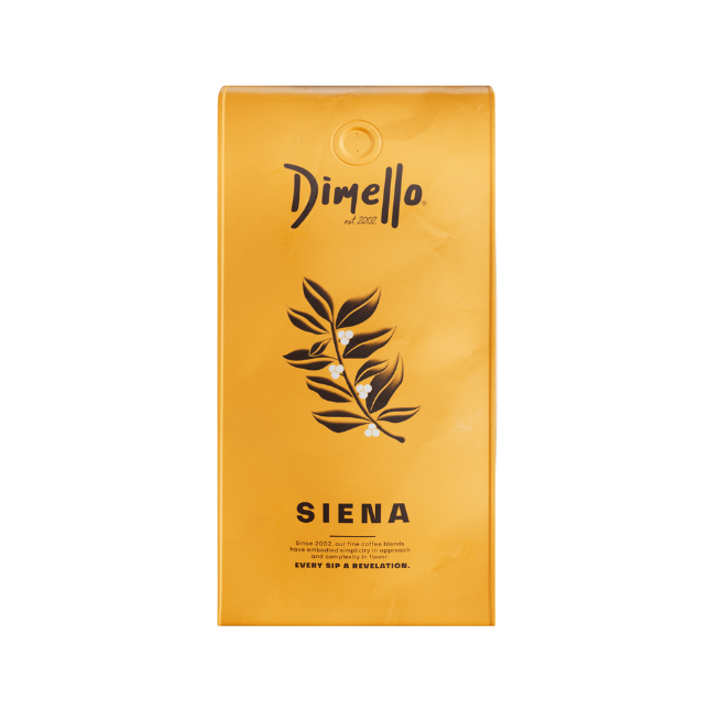 A pack of Dimello Siena espresso coffee beans with a yellow label featuring a graphic of coffee beans and a leaf.