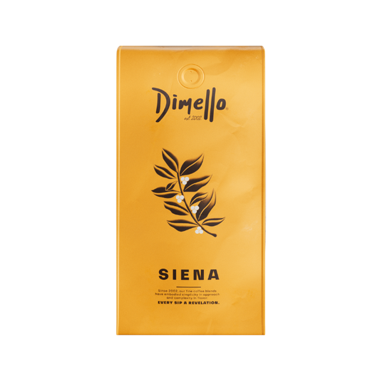 A pack of Dimello Siena espresso coffee beans with a yellow label featuring a graphic of coffee beans and a leaf.